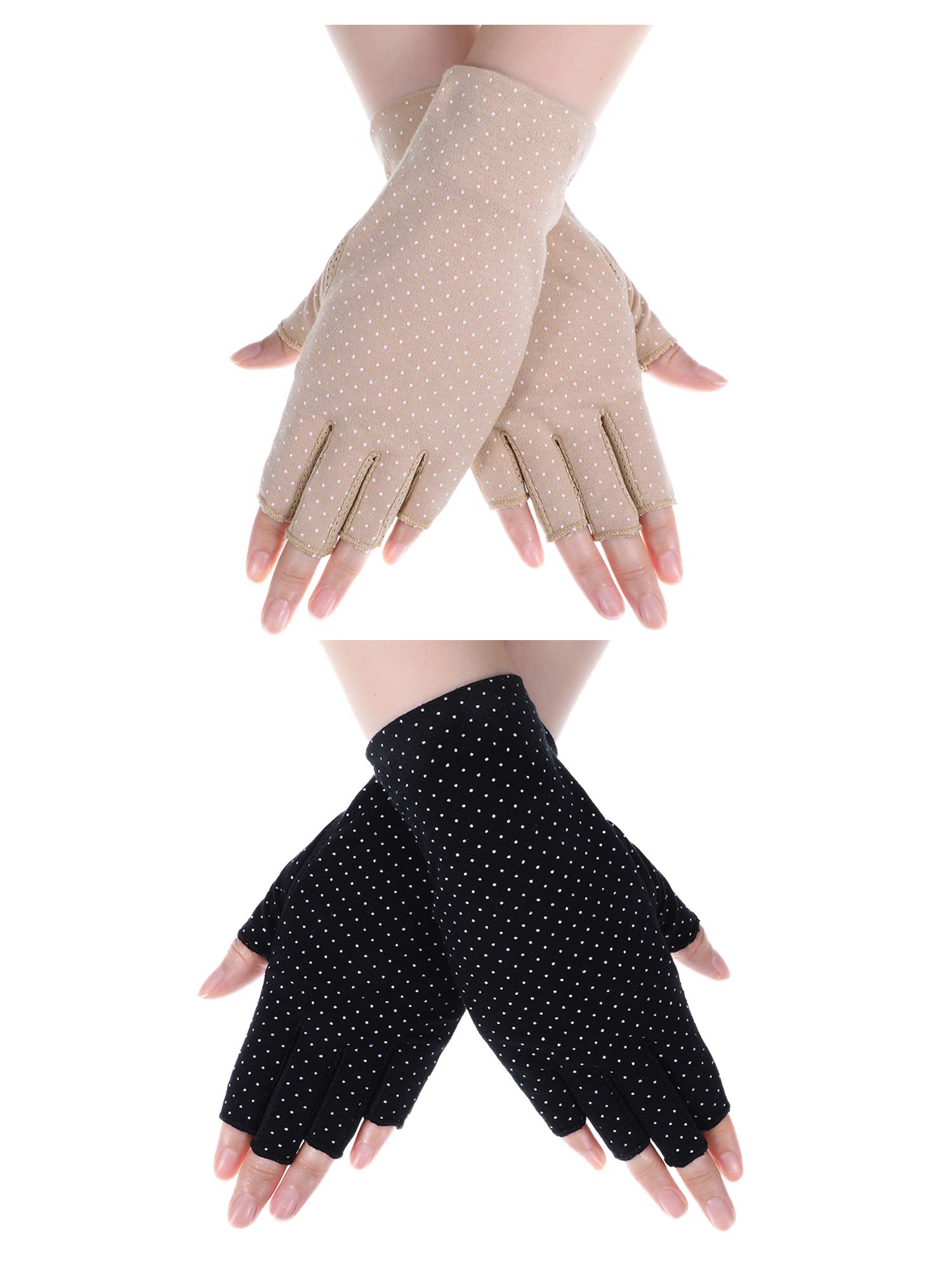 Photo 1 of Boao 2 Pieces Women Sunscreen Fingerless Gloves UV Protection Half Finger Sunblock Gloves for Driving Riding Fishing Golfing Outdoor Activities (Black, Khaki Dot)