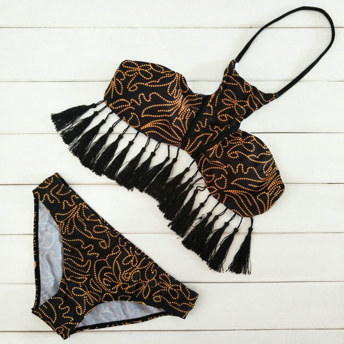 SKST Women Sexy Bikini Set Halter Print Tassel Push Up Padding Swimsuit Beachwear (S, Black)