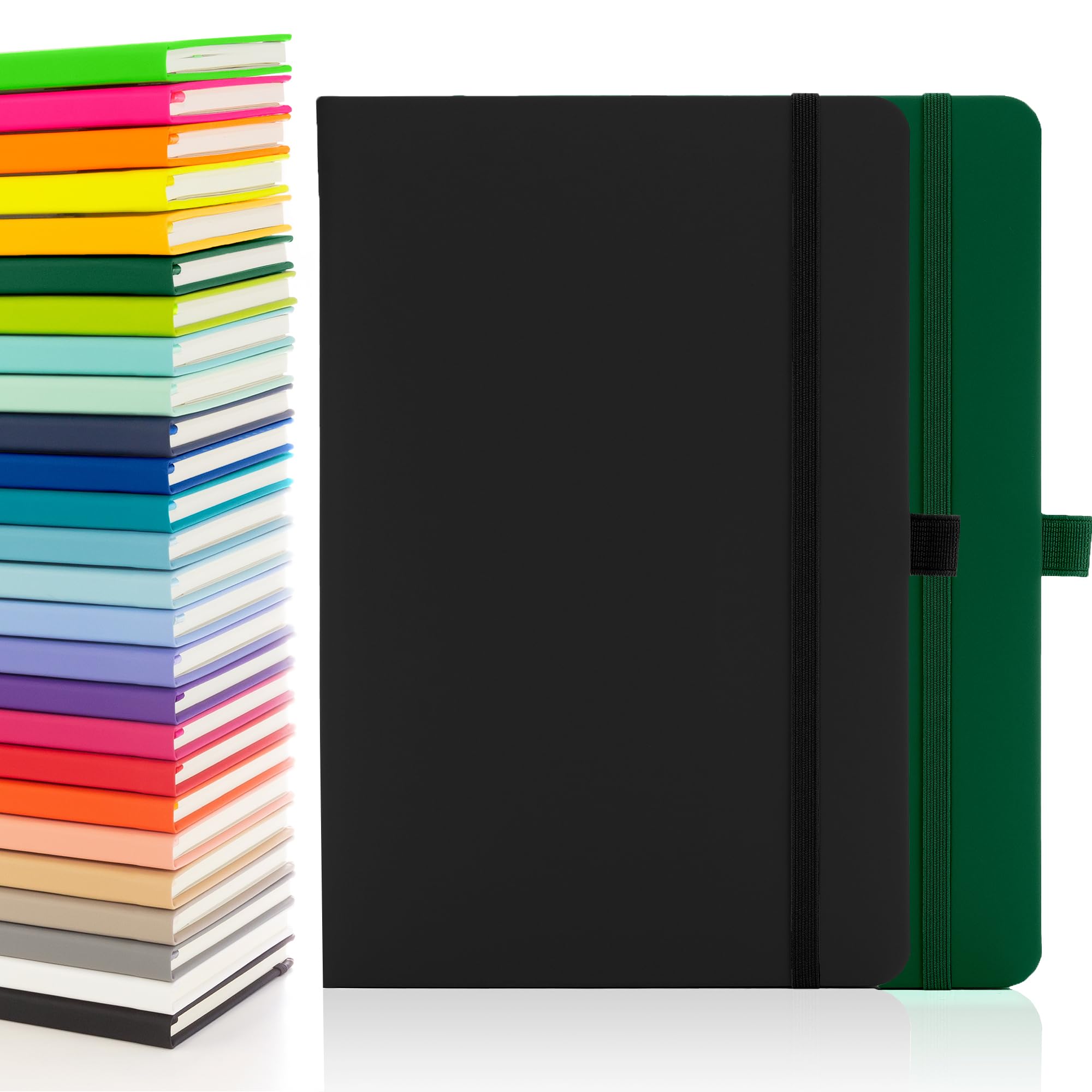 Notes London 2 x Eco A5 Notebook with Lined Pages, Pen Loop, Ribbon, Date Marks and Paper Pocket, Medium Hardback Journal, Note, sustainably sourced paper (Black & Green)
