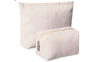 Huhumy 2 Pieces Makeup Bag Set Cute Cosmetic Pouch for Women Seersucker Travel Toiletry Bag Preppy Small Makeup Purse Pouch Aesthetic Skincare Brushes Storage Organizer for Christmas Women(Khaki)