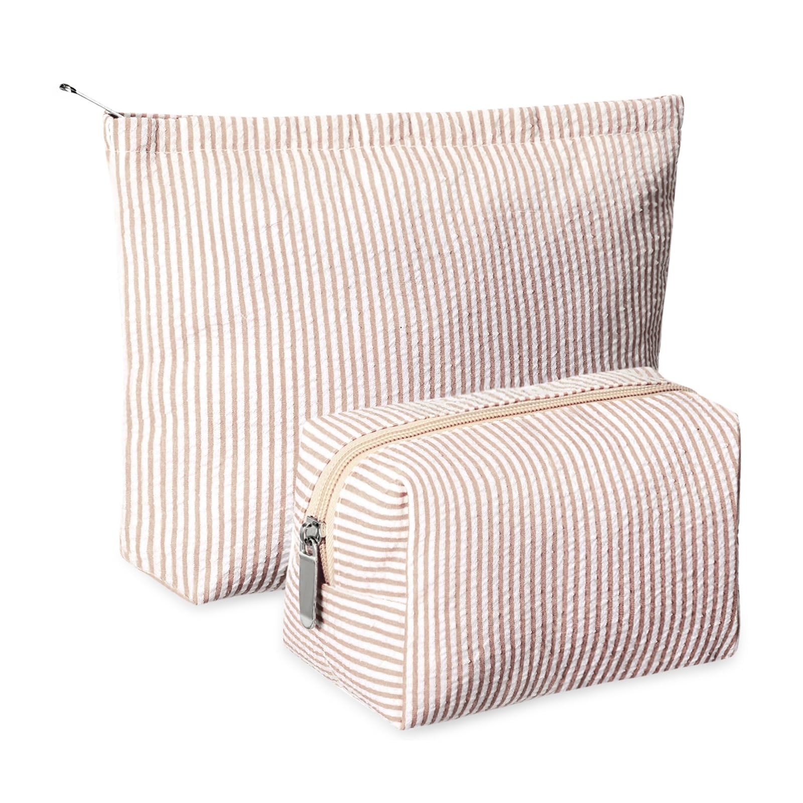 Photo 1 of Huhumy 2 Pieces Makeup Bag Set Cute Cosmetic Pouch for Women Seersucker Travel Toiletry Bag Preppy Small Makeup Purse Pouch Aesthetic Skincare Brushes Storage Organizer for Women(Khaki)