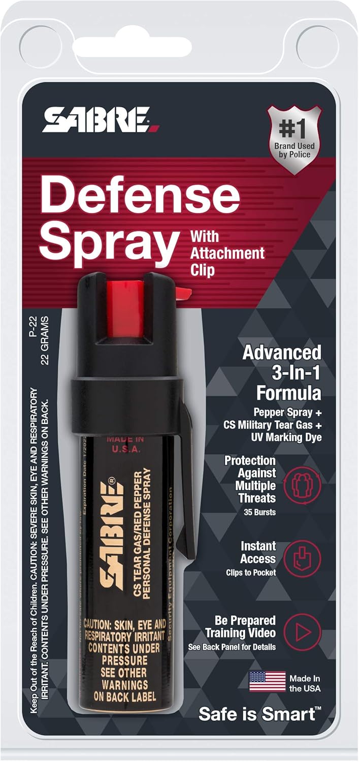 SABRE ADVANCED Compact Pepper Spray with Clip – 3-in-1 Formula (Pepper Spray, CS Tear Gas & UV Marking Dye), Police Strength Self Defense Spray, 10-Foot (3 m) Range, 35 Bursts – Easy Access Belt Clip : Camping First Aid And Safety Equipment : Sports & Outdoors
