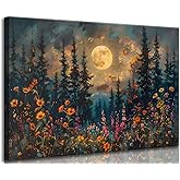 Full Moon Forest Canvas Wall Art Moonlit Pine Tree Mountains and Wildflowers Woodland Nature Landscape Picture Wall Decor Poster Print Artwork for Bedroom Living Room Home Decoration