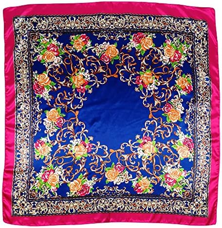 StarGo Silk Feeling Smooth Scarf Women’s Fashion Pattern Large Square Satin Headscarf Headdress Hair Wrapping Scarf Neckerchief 35 x 35 inches (Roses Blue-Pink)