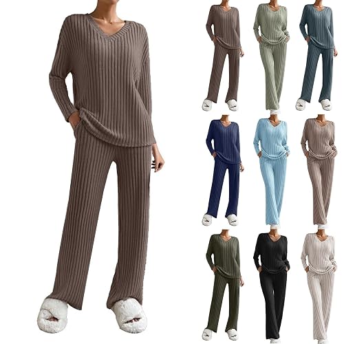 Ladies Loungewear Sets UK, Two Piece Outfit for Women, Comfortable V-Neck Jumper Top & Flowy Wide Leg Trousers, Ladies Soft Autumn Winter Pyjama