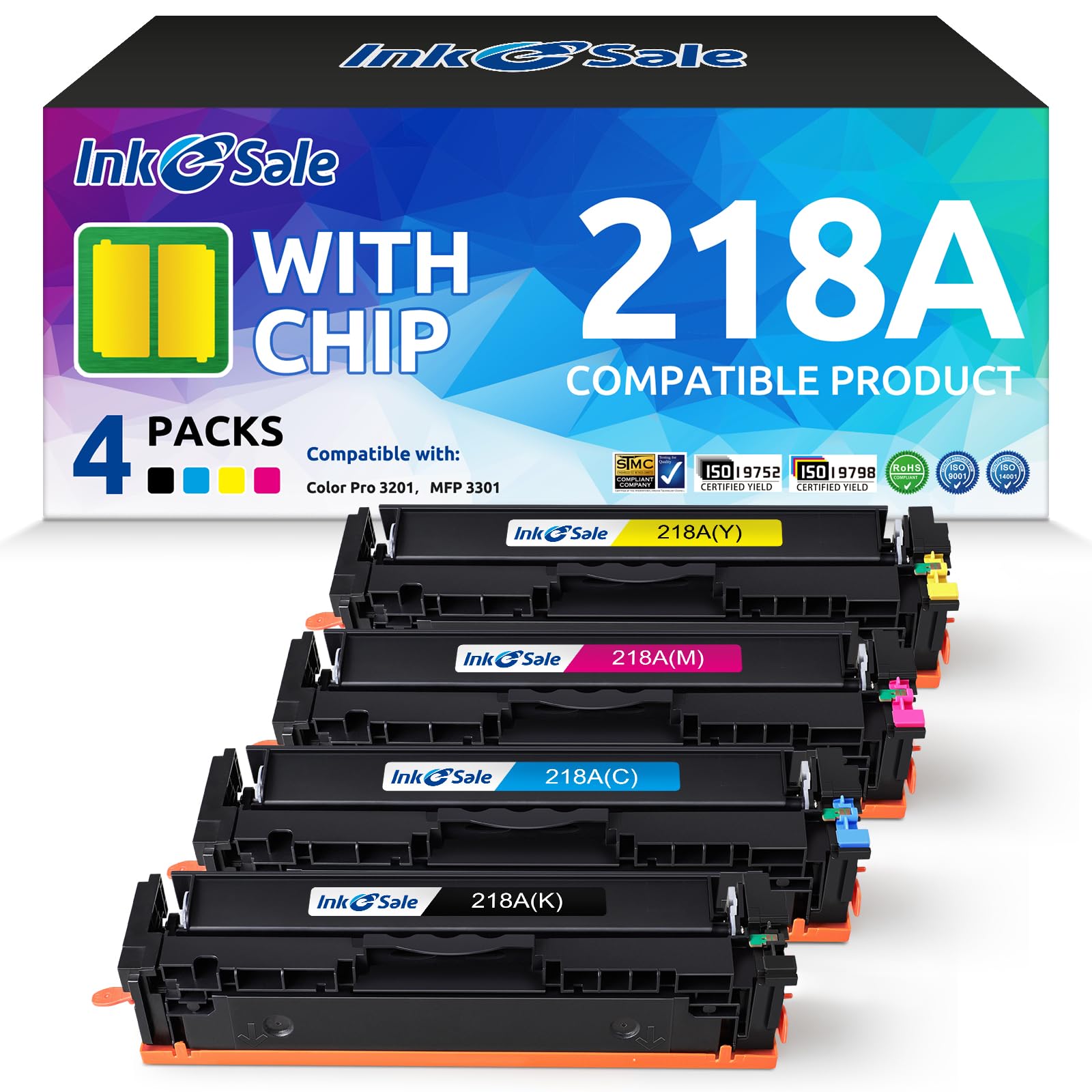 Photo 1 of 218A Toner Cartridge with Chip Compatible Replacement for HP 218A W2180A W2181A W2182A W2183A 218A Toner Works with Color Pro 3201 3201dw MFP 3301 3301cdw 3301fdw 3301sdw Series Printer 4 Pack
