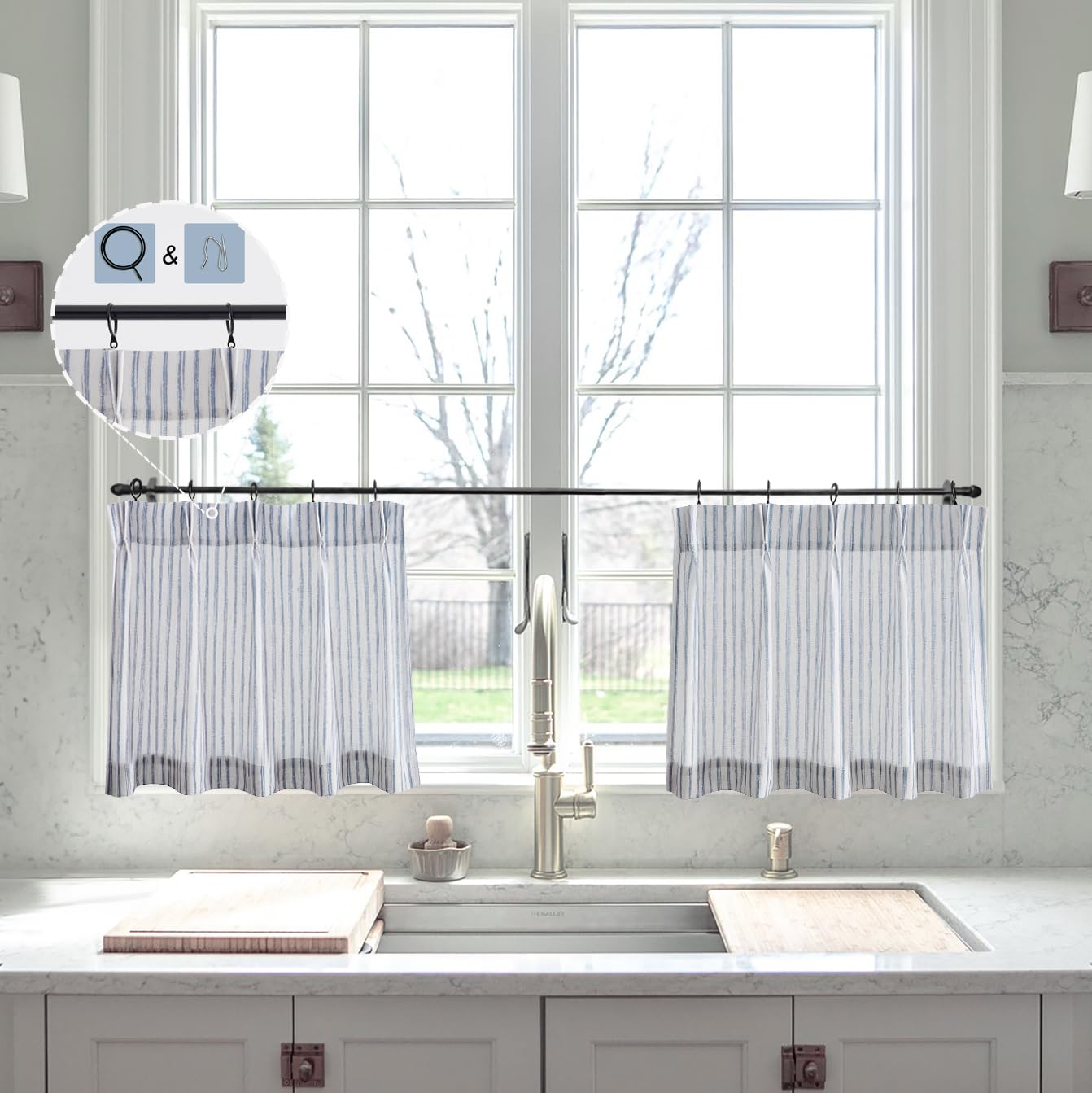 Blue Linen Kitchen Curtains 18 inch Length Pinch Pleat Cafe Curtains