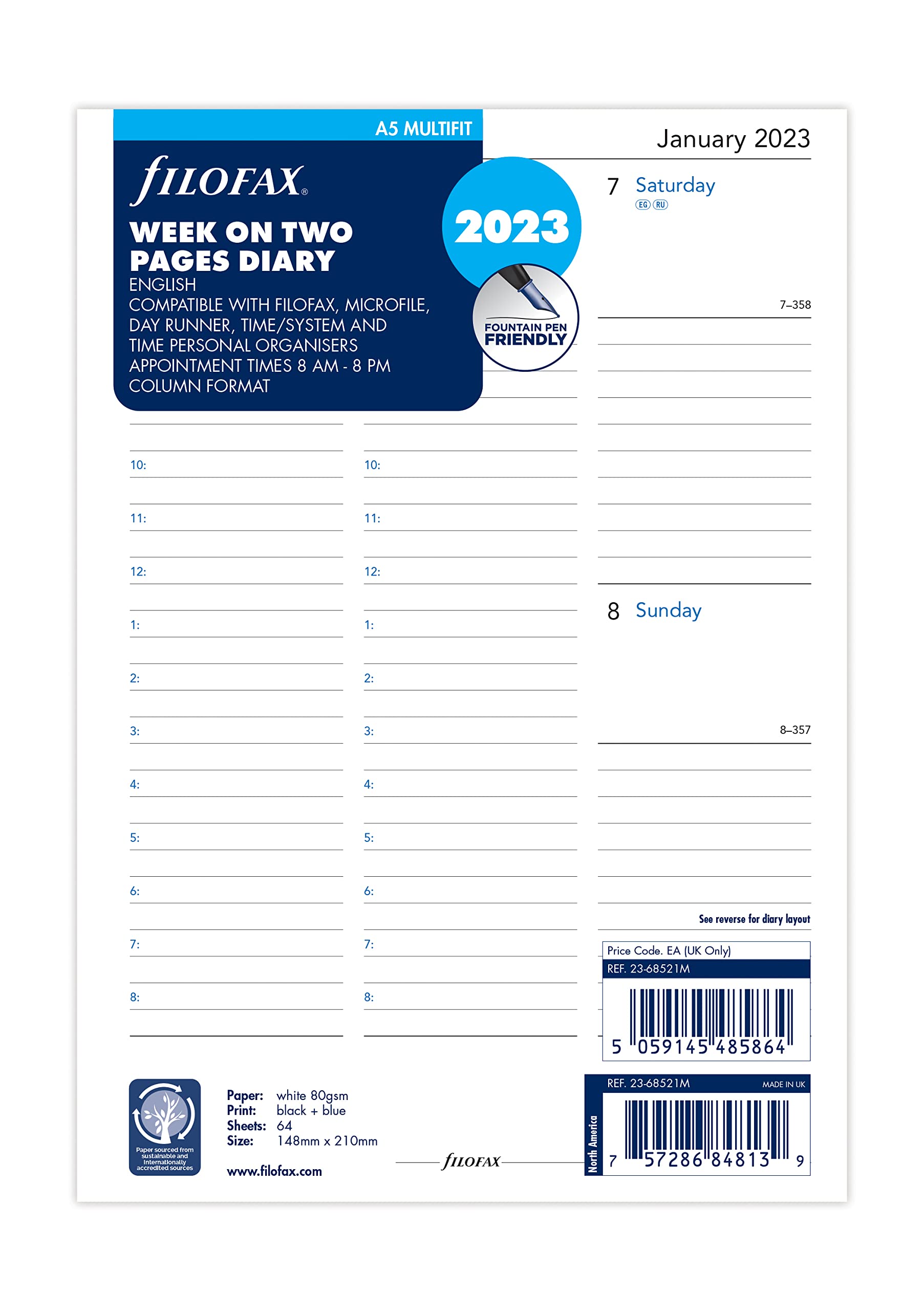 Filofax A5 Week on two pages English multi-fit 2023 diary, White (Pages for Diary in the form of paper)