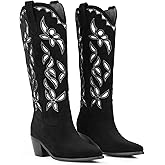 LingxiaUne Western Cowboy Boots - White Cowboy Boots with Bow Mid Calf Cowgirl Boot for Women Comfortable Chunky Heel Ideal for Country Night Party