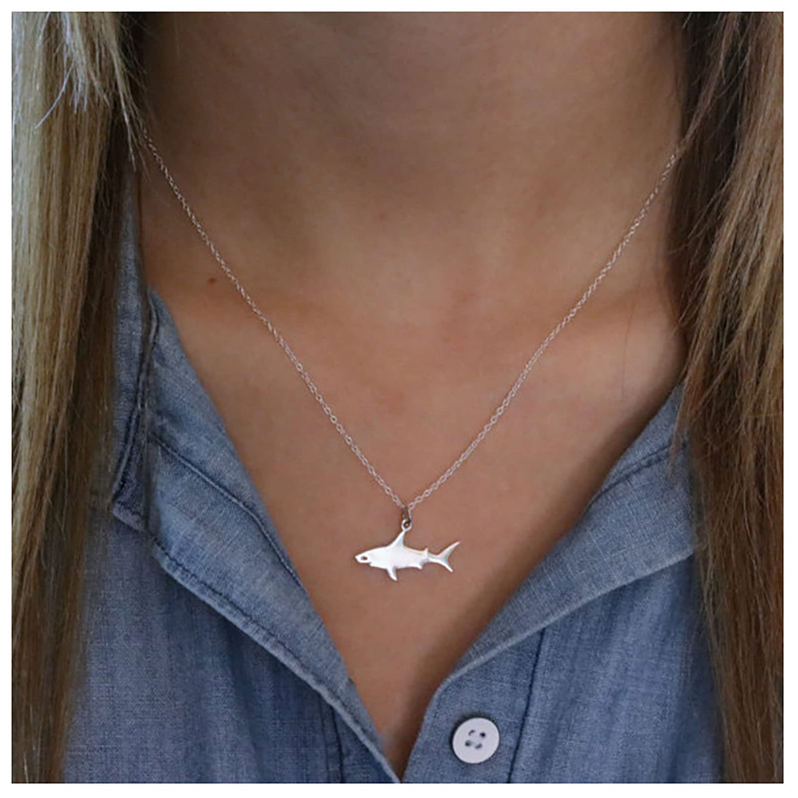 Shark Pendant Necklace Dainty Animal Chain Jewelry for Women Men Girls (Silver)