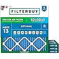 Filterbuy 10x10x1 Air Filter MERV 13 Optimal Defense (4-Pack), Pleated HVAC AC Furnace Air Filters Replacement (Actual Size: 9.50 x 9.50 x 0.75 Inches)