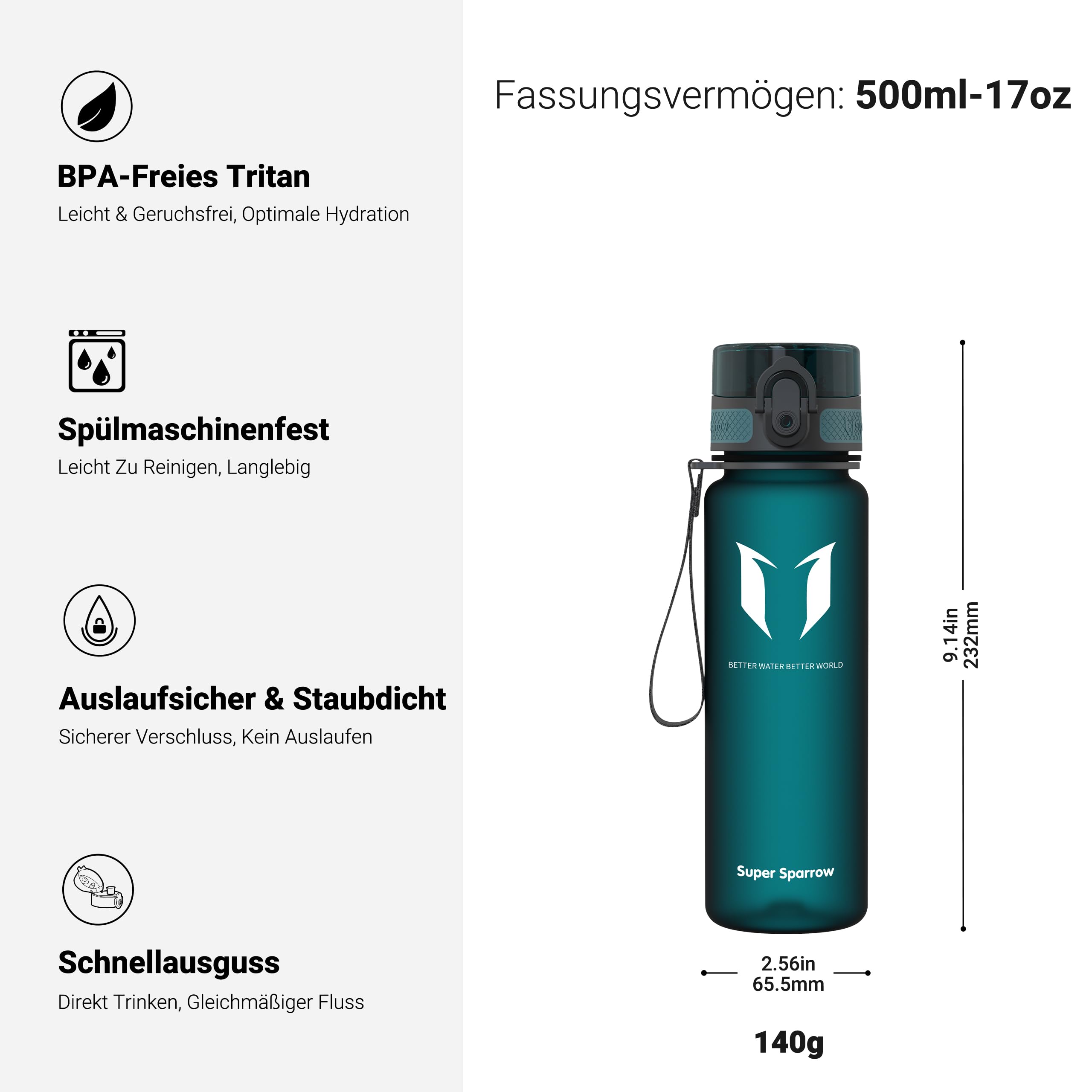 Super Sparrow Trinkflasche - Tritan Wasserflasche - 500ml - BPA-frei - Ideale Sportflasche - Sport, Wasser, Fahrrad, Fitness, Uni, Outdoor - Leicht, Nachhaltig 3