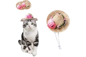 DELIFUR Dog Straw Sombrero Hat Pet Sun Cap with Flowers Birthday Party Hat for Small Puppy Cat (M, Pink Flower)