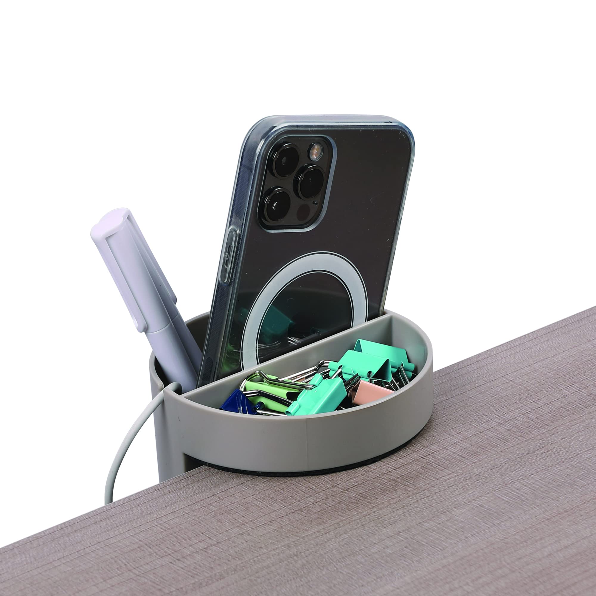 Deflecto Space Saving Small Desktop Storage Organiser, Stationery Pen Holder with Standing Desk Attachment, Desk Organiser, Dual Compartment Desk Tidy - Grey