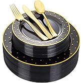 DaYammi 200Pcs Gold and Black Plastic Plates with Silverware,Black Disposable Plates for Party Black Gold Supplies Includes 40 Dinner Plate,40 Dessert Plate,40 Forks,40 Knives,40 Spoons for Party