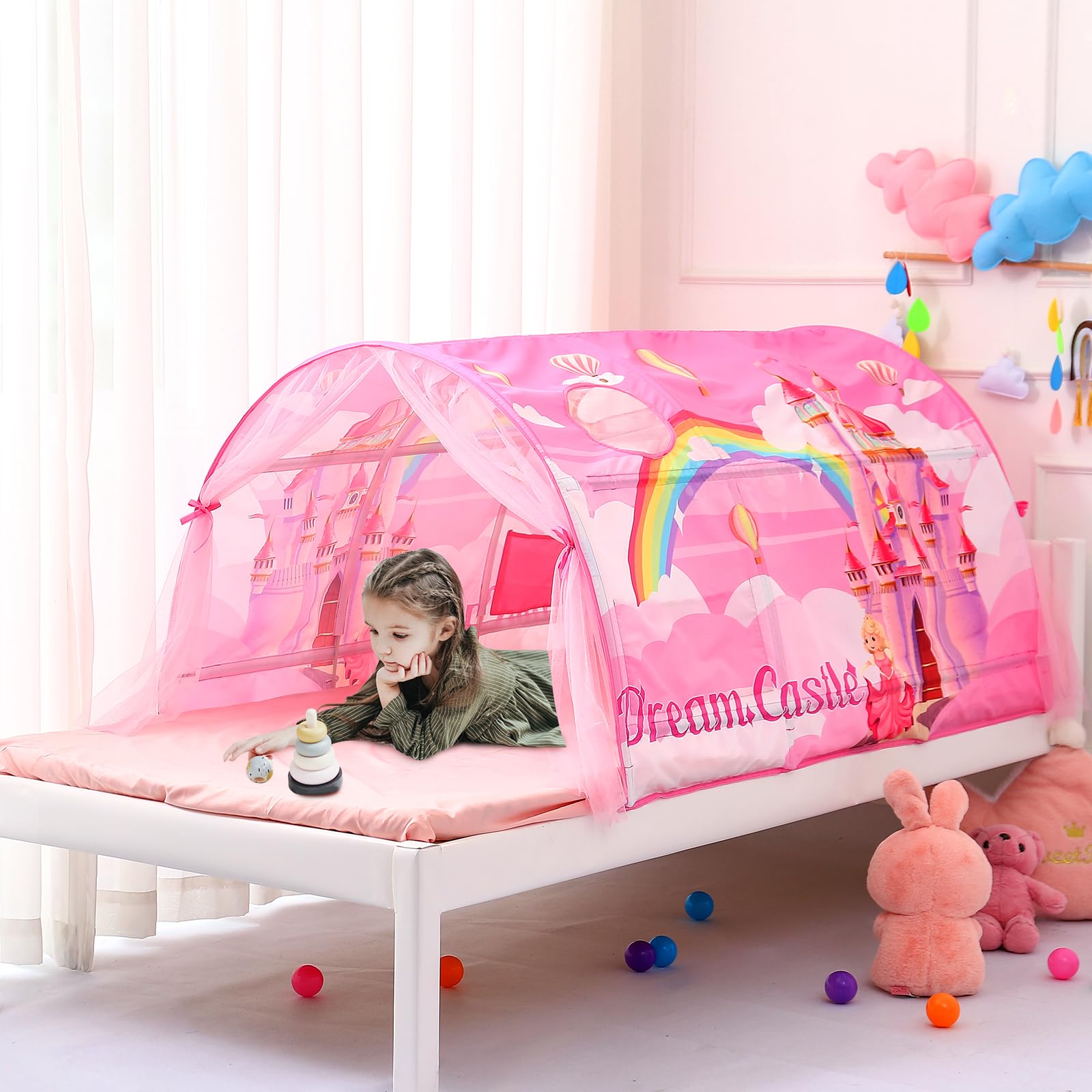 CRAWLBO Kids Bed Tent Twin Beds -Cartoons Wonder Play Tents Boys Girls Ventilated Indoor Play Tent Children Promotes Independent Play, Stimulates Imagination Set-Up Playhouse (Castle