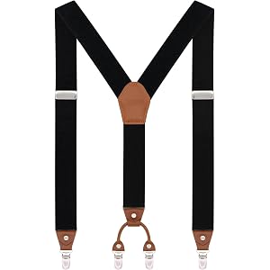 JAIFEI Suspenders for Men, 4-Clip Y-Back with Genuine Leather | 1.4-Inch Elastic Straps, Genuine Leather Crosspatch, 4 Strong