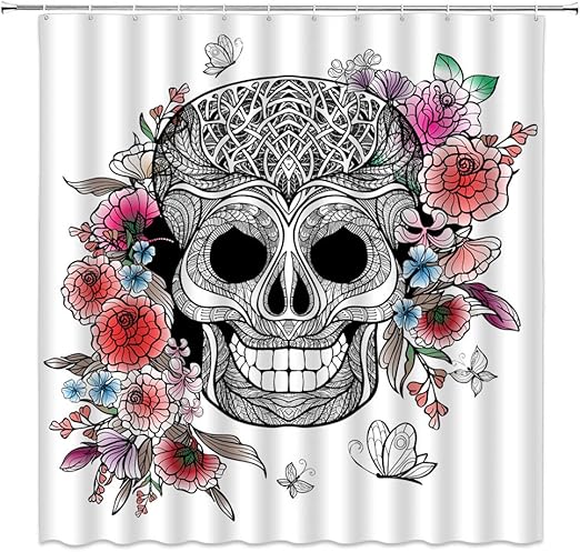 Amazon Com Sugar Skull Shower Curtain Decor Bohemian Skull Smiling Gothic Smiley Face And Colored Rose Butterfly Fabric Bath Curtains Bathroom Accessories Waterproof Polyester With Plastic Hooks 70x70 Inch Kitchen Dining