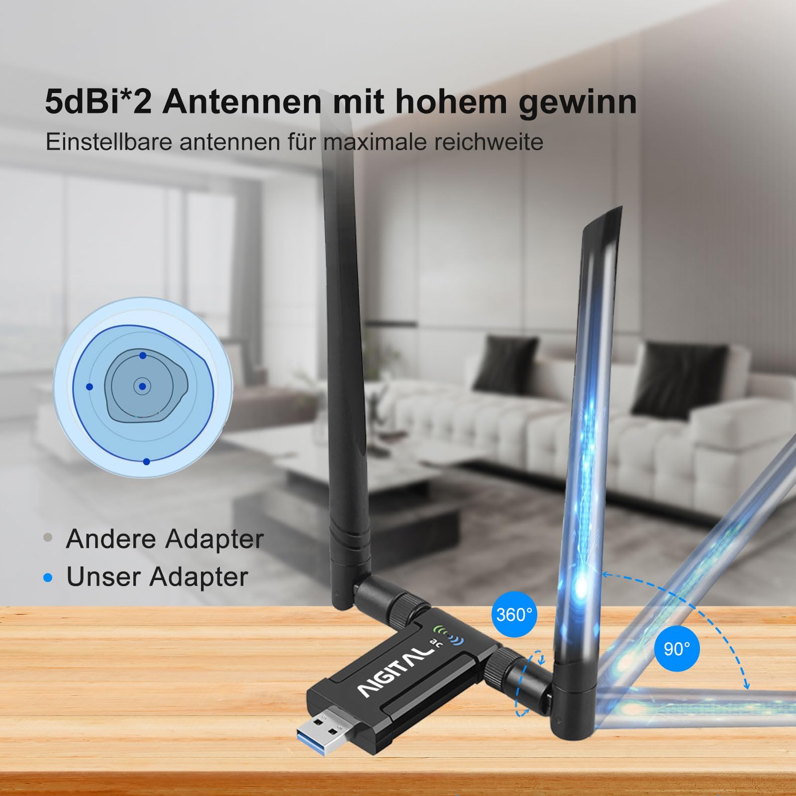 WLAN Adapter 1200Mbit/s, WLAN USB Stick DualBand 867Mbit/s (5GHz), 300Mbit/s (2,4GHz) WLAN Empfänger mit 2*5dBi Antenne und USB 3.0-Dockingstation mit 65cm kable für PC Desktop Laptop Windows/Mac OS 6