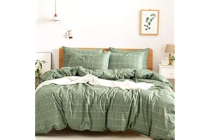 JELLYMONI 100% Natural Cotton 3pcs Plaid Duvet Cover Sets,Green with White Grid Geometric Pattern Printed Comforter Cover,with Zipper Closure & Corner Ties(Queen Size)