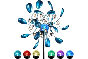 ALLADINBOX Wind Spinners Outdoor Metal Large, 57 Inch, Solar Garden Wind Spinner with Color Changing LED Solar Powered Glass Ball, Blue Windmill for Yard and Garden, Yard Decorations Outdoor