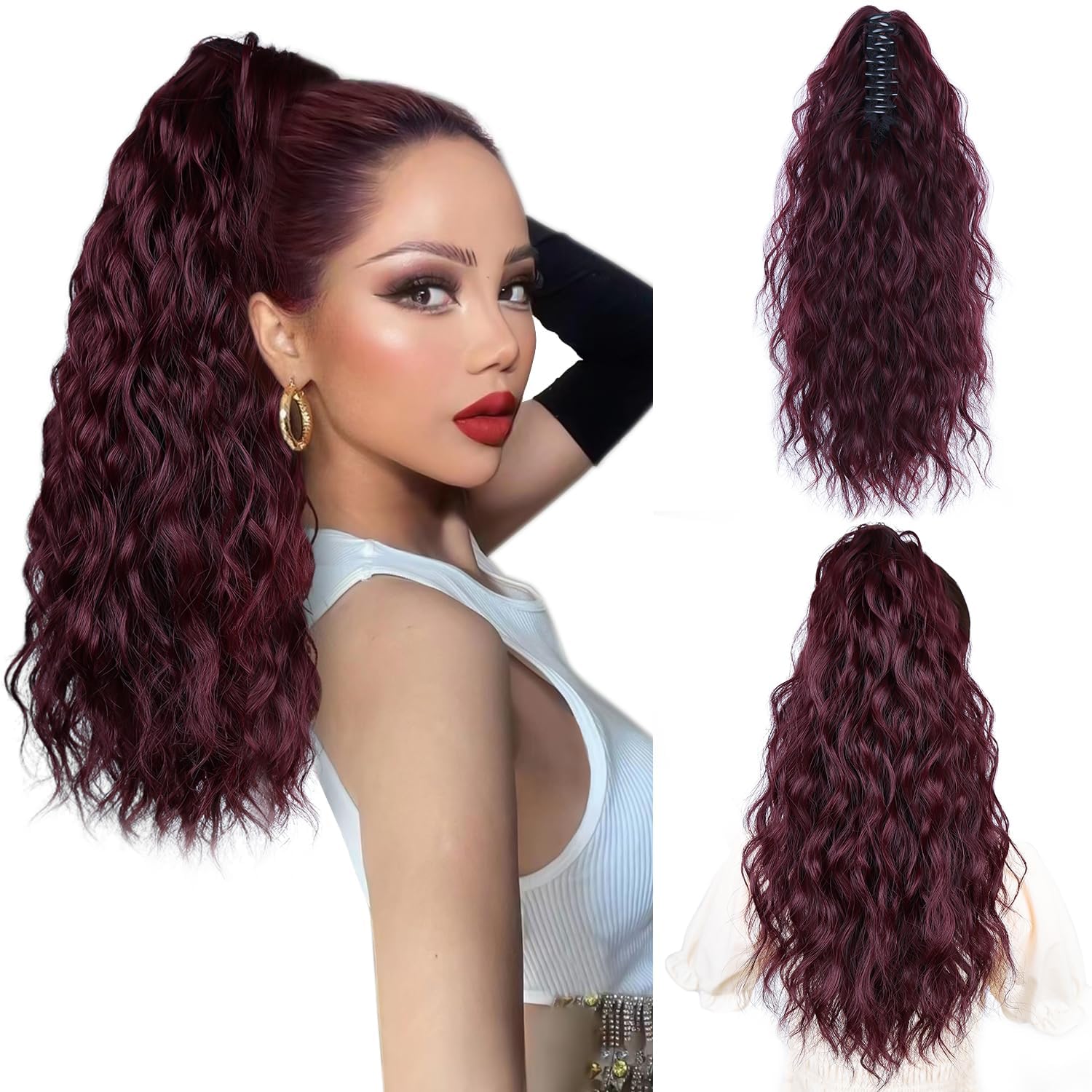 PORSMEER Ponytail Extension,Claw Clip Ponytail Hair Extensions Wine red Natural Looking Long Curly Wavy Multi Layered Fluffy Synthetic Hairpiece for Women Girls Party Daily Wear 18inch