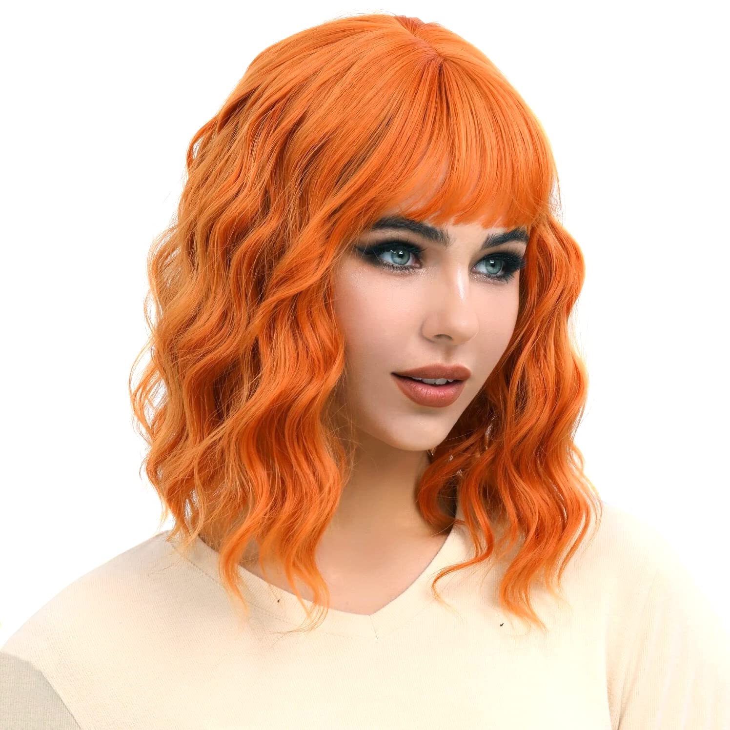 colorfulpanda Natural Orange Bob Wigs With Air Bangs Shoulder Length Wig For Women Ladies Curly Wavy Synthetic Heat Resistant Hair Cosplay Hallowen Wig for Ladies Costume Wigs 14inch