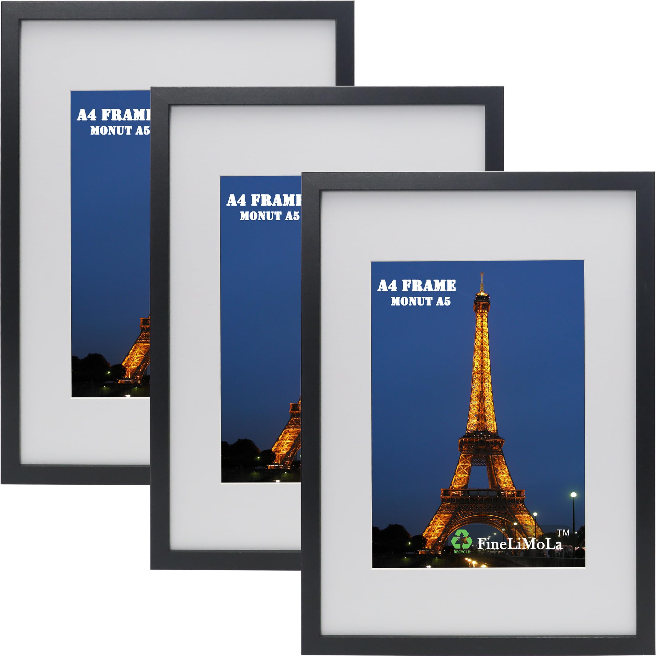 A4 Black Photo Frame Set of 3 With A5 Mount - Desktop or Wall Mount - Document and Poster Frames