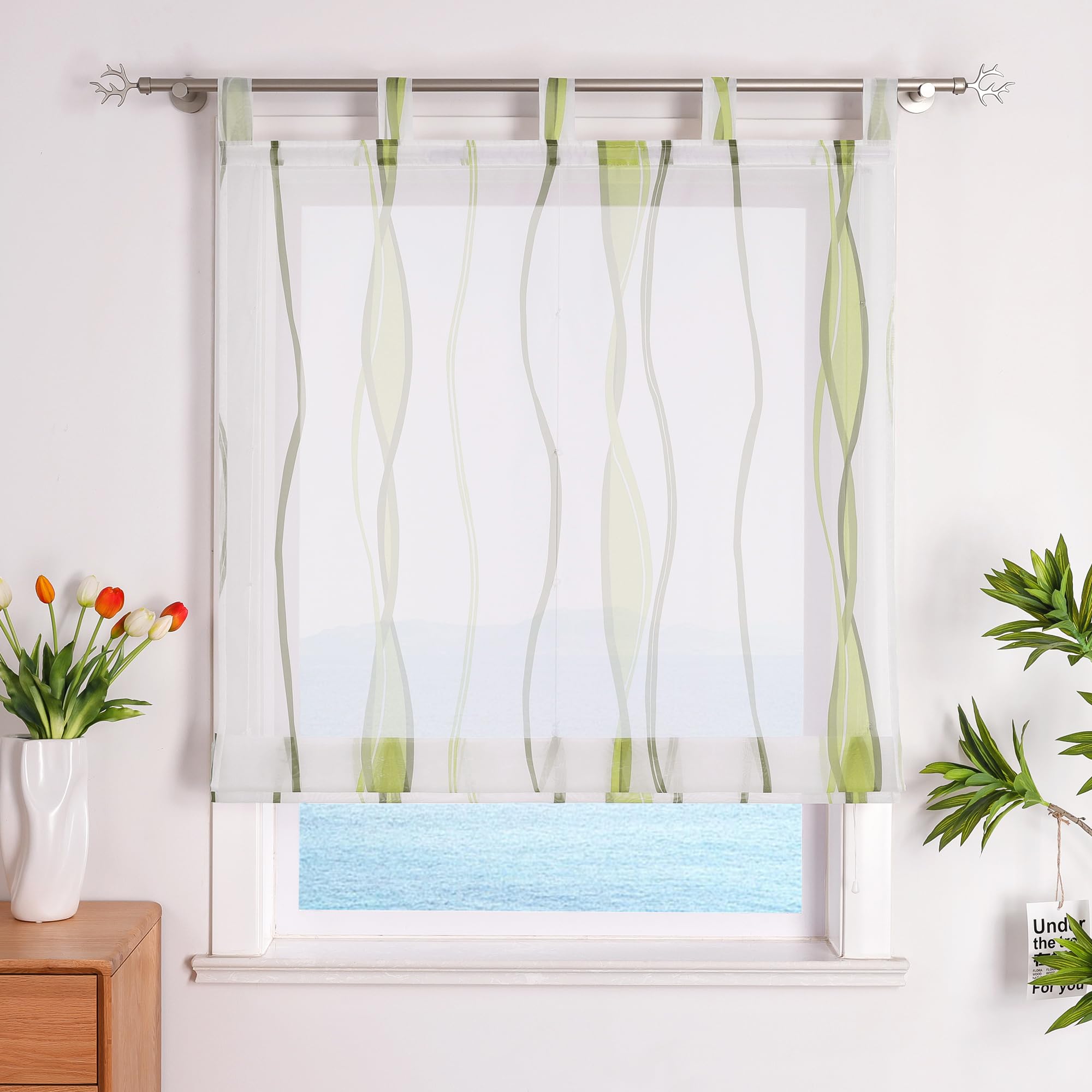 ESLIR Roman Blind with Eyelets, Kitchen Roman Curtains, Transparent Tab-Top Roller Blind Curtains with Wave Print, Modern Voile Green, W x H 140 x 140 cm, Pack of 1