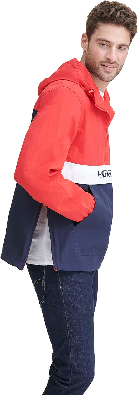 Tommy Hilfiger Men's Retro Lightweight Taslan Hooded Popover Water Resistant Windbreaker Jacket at  Men’s Clothing store