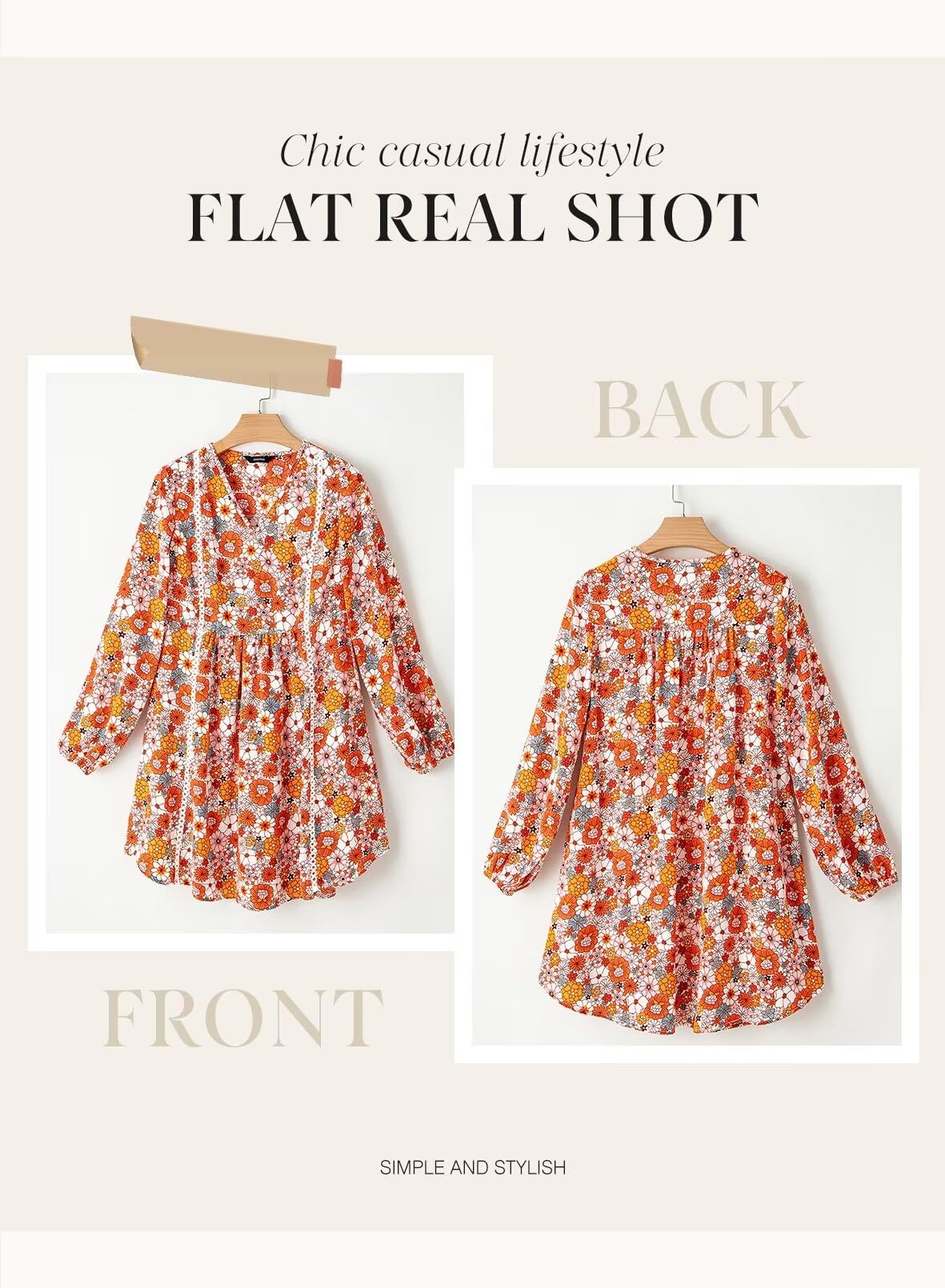 Dokotoo Women's V Neck Embroidered Lace Trim Flowy Dress Long Peasant Sleeve Floral Print A Line Mini Dress Summer Dresses for Women Orange Medium - Image 5