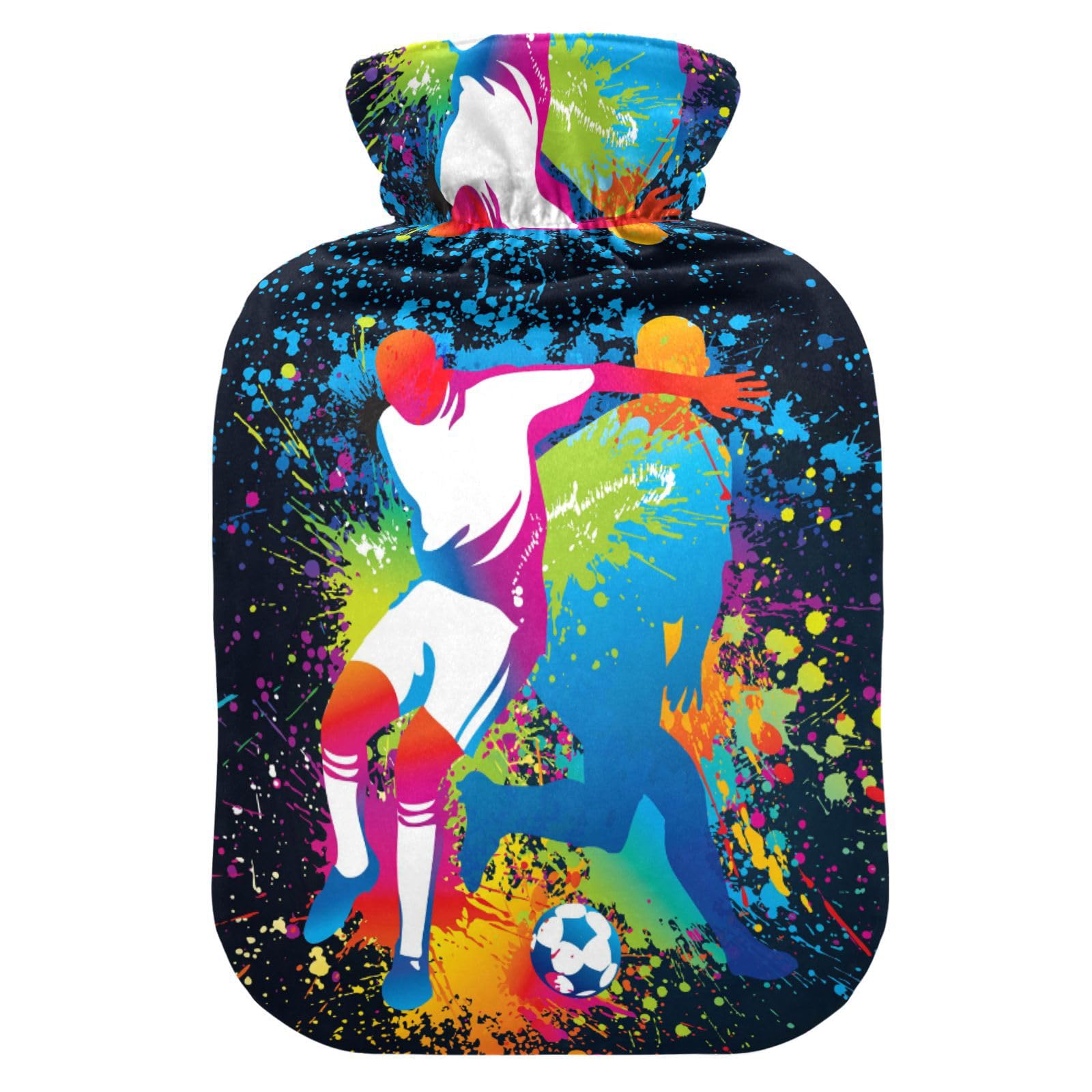Hot Water Bottle, 2L Large Hot Water Bottles with Cover, Leak Proof Best for Winter Sports Outdoors Relief from Back, Neck and Leg Cold Muscle Pain and Cramps (Football Players with A Soccer Ball)