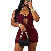 Sexy Club Outfits for Women 2 Piece Cowl Neck Jumpsuit Set Bodycon Shorts Deep V Neck Solid Color Romper for Night Out