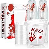 Xuelimei 12oz Blood Print Halloween Disposable Plastic Cups With Strawless Sip Lids-Happy Halloween Disposable Cups for Party Supplies Coffee, Beer, Drinks, Ice Cream, Snacks and More (50)