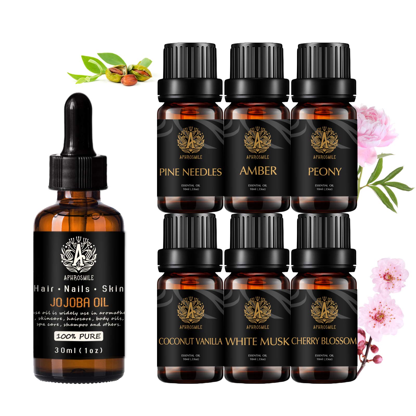 100% Pure Jojoba Essential Oil, Aromatherapy Peony Essential Oil Set with Carrier Oil for Massage, 7x10ml 100% Pure Pine Needles Essential Oils Set-Amber,Coconut Vanilla,White Musk,Cherry Blossom Oils