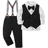 YUEMION Toddler Baby Boy Clothes Suits Gentleman Dress Shirt+Bowtie+Vest+Suspender Pants Boy Formal Wedding Outfits Set 1-5T