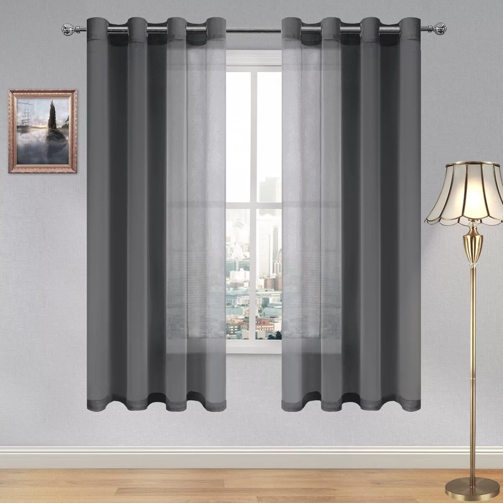 DWCN Dark Grey Sheer Curtains Textured Semi Transparent Eyelet Top Decorative Voile Curtain for Living Bedroom, 52" Wide x 84" Drop, 2 Panels
