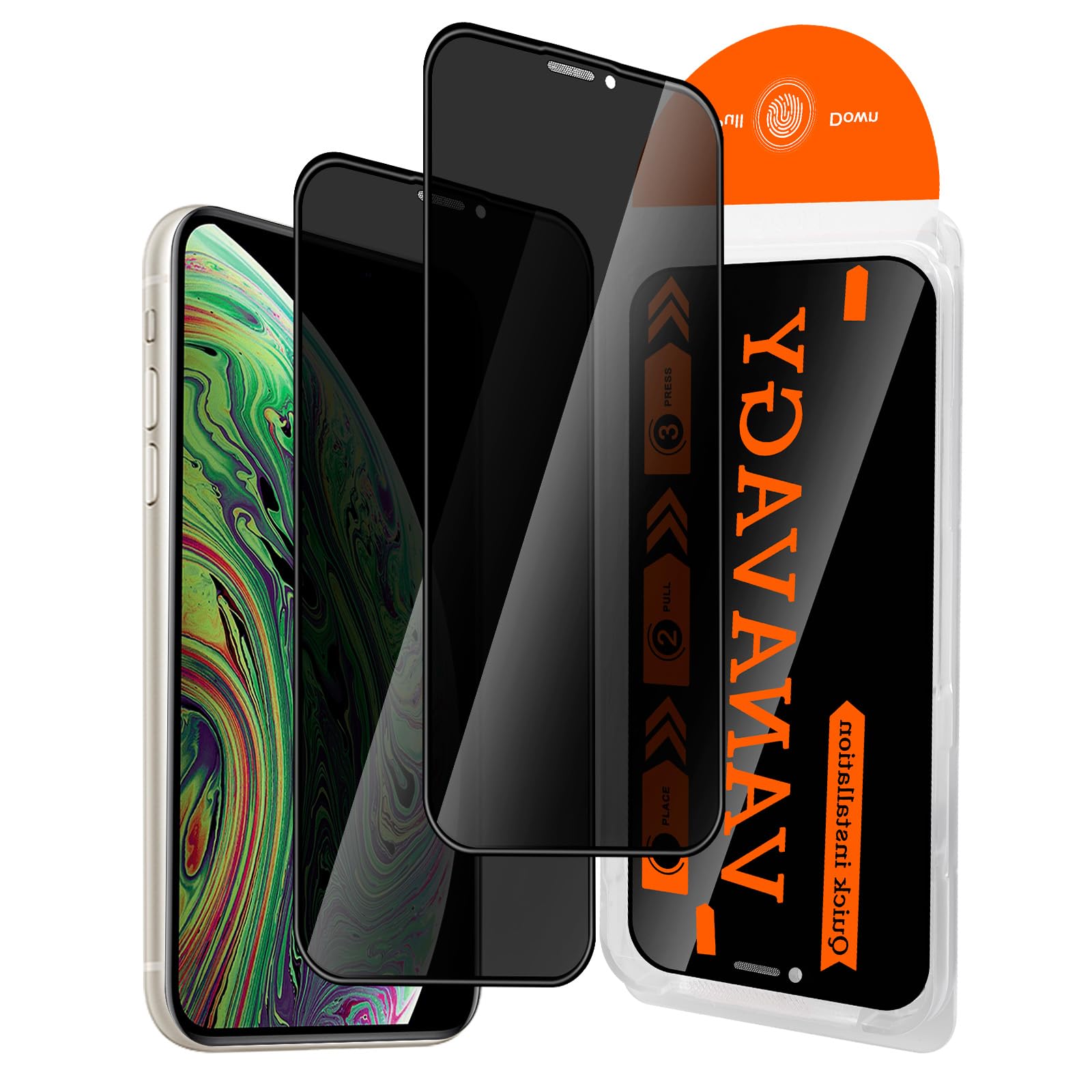 VANAVAGY 2 Pack Privacy Glass Screen Protector for iPhone Xs max, [Easy Installation] Plating Film with Frame Full Coverage Case for Apple Xs max