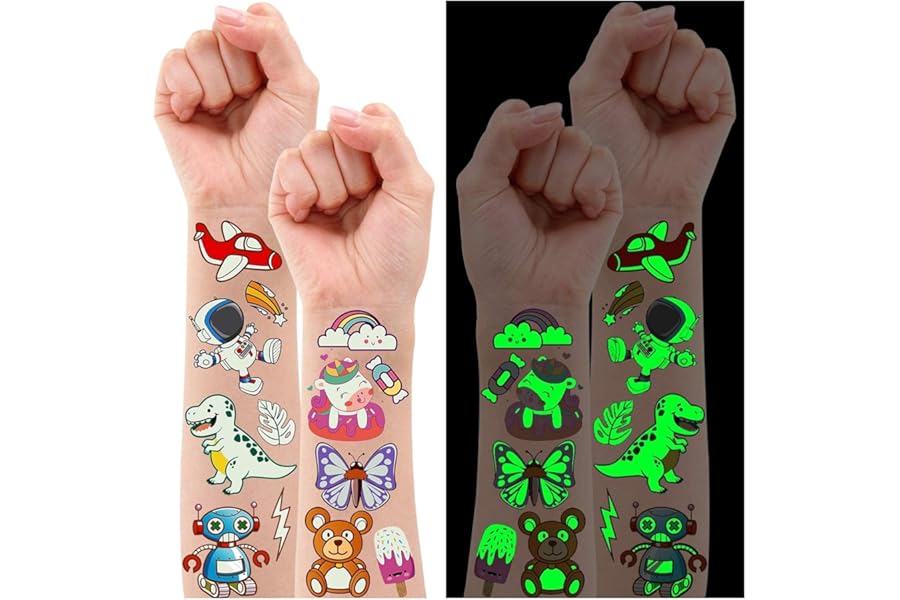 Partywind 380 Styles (30 Sheets) Luminous Tattoos for Kids, Mixed Styles Temporary Tattoos Stickers with Mermaid/Dinosaur/Space/Pirate for Boys and Girls, Glow Party Supplies