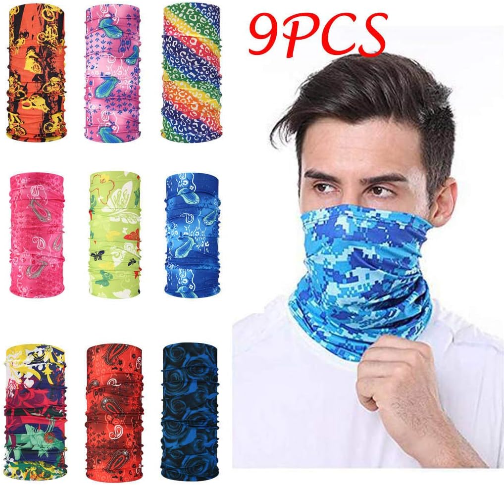 AJFIEF 9PCS Multifunctional Windproof Headwear Neck Tube Scarf,Unisex Dust Head Face Scarf Balaclava Headband for Outdoor Hiking/Sports/Cycling/Fishing,Headwear Bandana with UV Protection