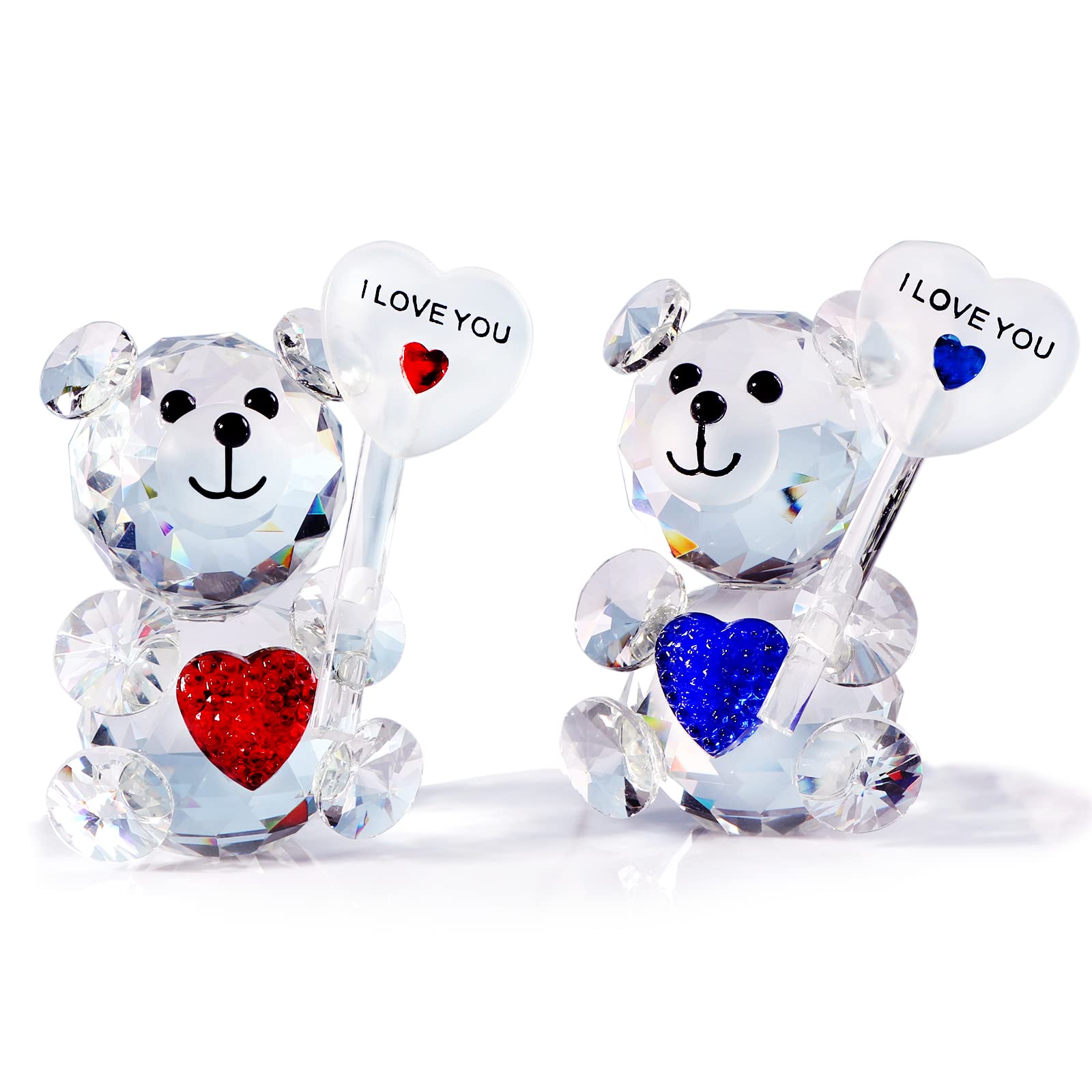 Movdyka K9 Crystal Blue & Red Bears Figurines Ornaments with I Love You Couple Gifts for Gilfriend, Anniversary Wedding Valentines Gifts for Parents Glass with Gift Box