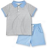 JiuBreeze Toddler Baby Boys Summer Short Sleeve Polo Shirts Set 2-piece Striped Outfits 18 Month-5T