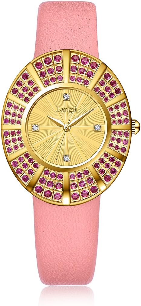 Luxury Gold Watches Women Analog Quartz Waterproof Pink Leather Wristwatch Band