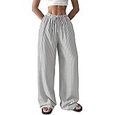 Verdusa Women's Cruise Outfits 2026 Linen Pants Striped Straight Leg Palazzo Pants Beach Vacation Clothes