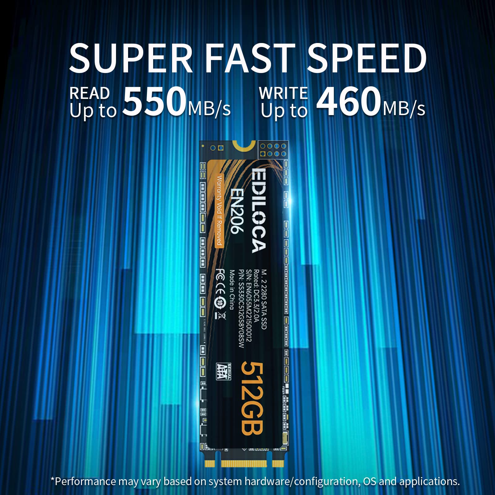 EN206 512GB 3D NAND TLC M.2 SSD, M.2 2280 SATA III 6Gb/s SSD Internal Hard Drive, Read/Write Speed up to 550/460 MB/s, Compatible with Ultrabooks, Tablet Computers and Mini PCs