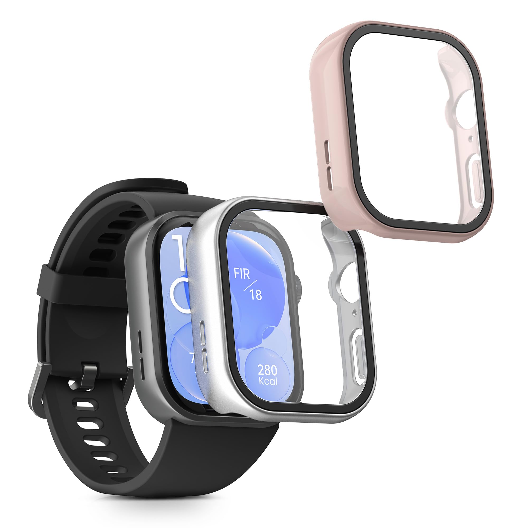 kwmobile Cover Compatible with Huawei Watch Fit 3 Covers - 2x Tempered Glass with Plastic Frame - Silver/Dusty Pink