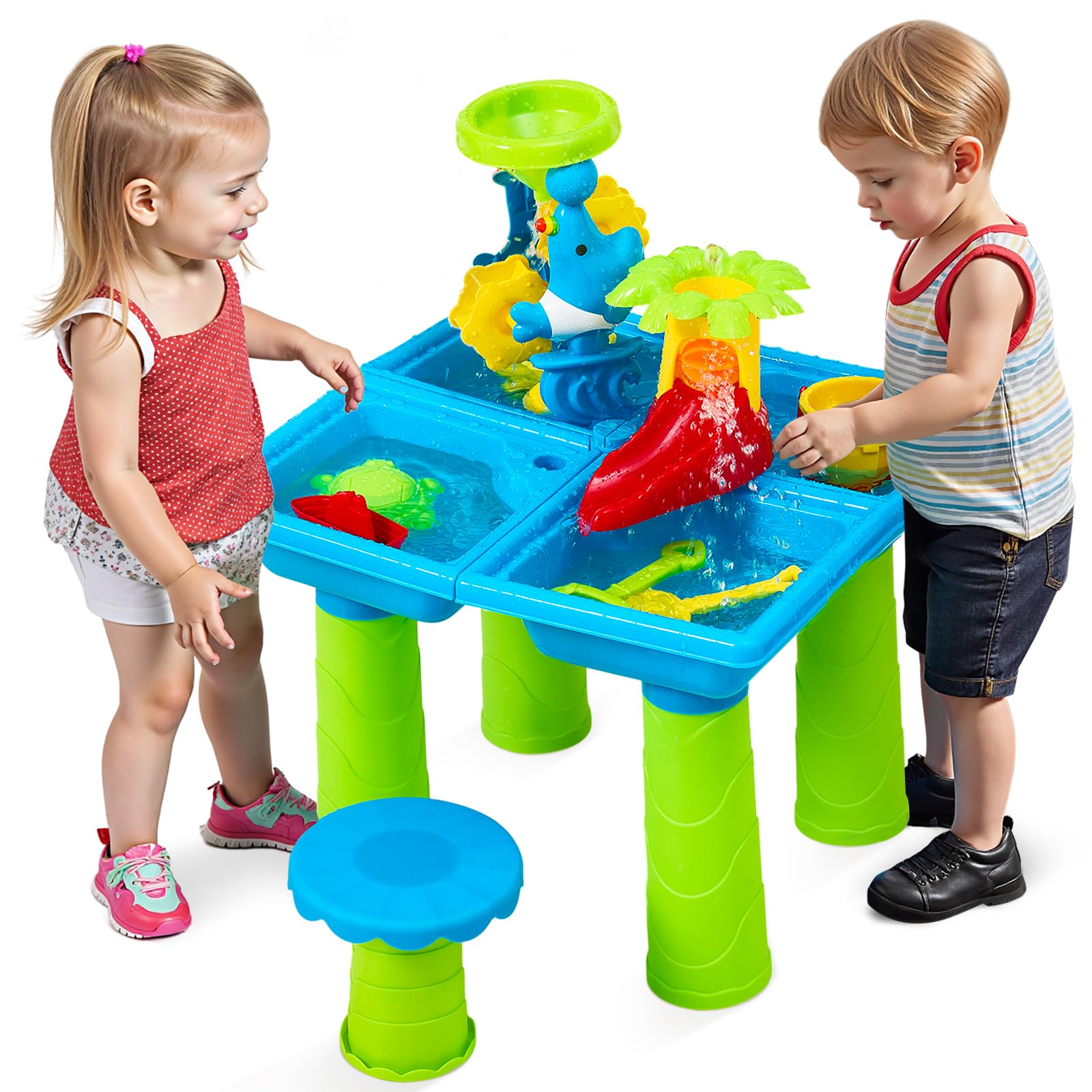 Warmiehomy Sand and Water Table for Toddlers 3-5 Kids Outdoor Play Table with Stool 4 in 1 Activity Sensory Tables w/Accessories Summer Backyard Outdoor Beach Toy for Boys Girls Age 3 4 5 6 7 8