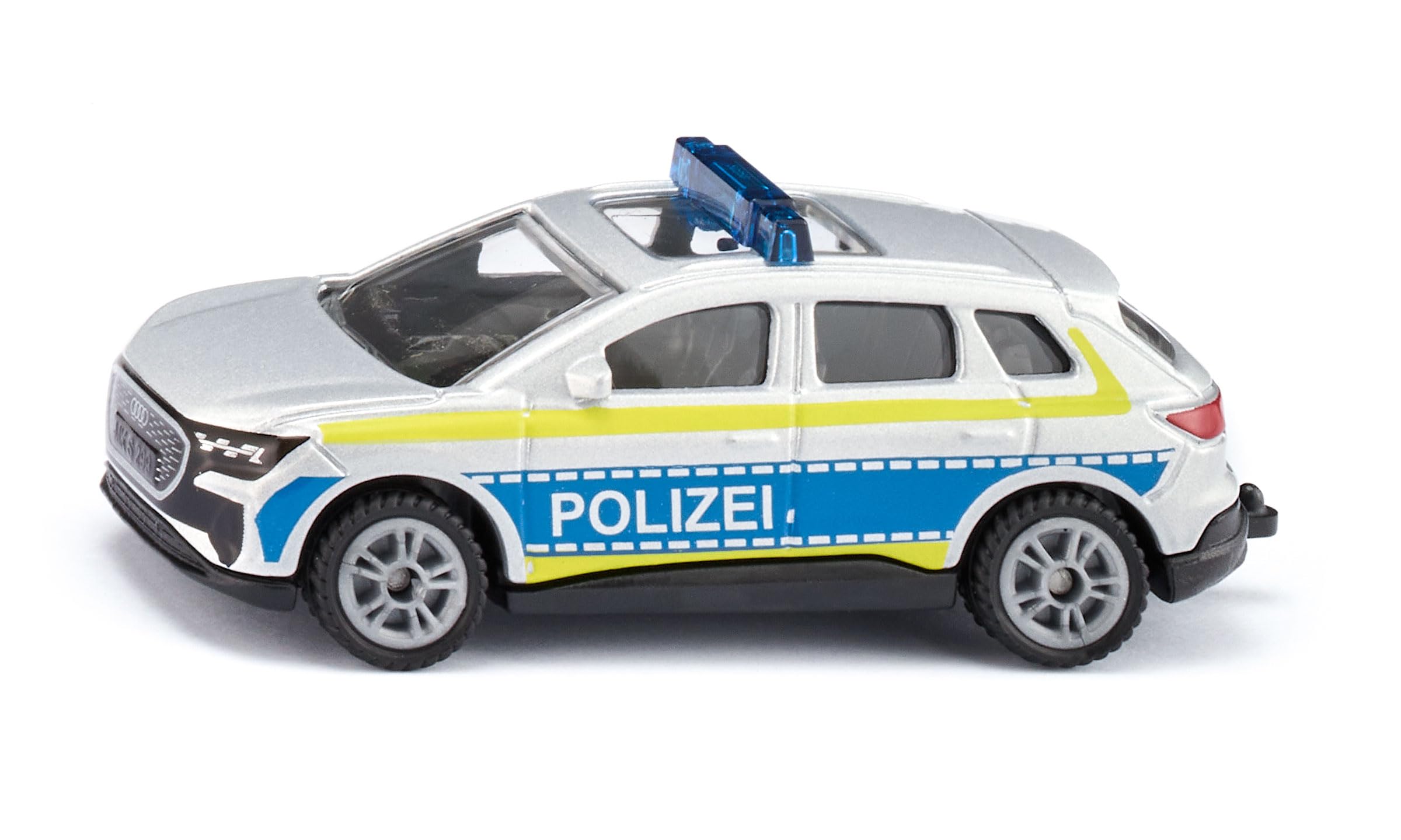 Siku 1552, Audi Q4 e-tron Polizei, Metall/Kunststoff, Blau/Silber, Spielzeug-Auto für Kinder, Gummierte Reifen, Anhängerkupplung