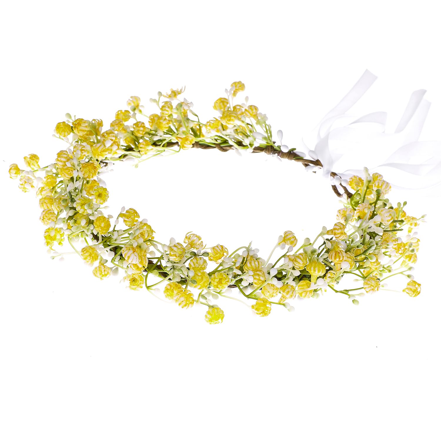 Adjustable Flower Crown Headband Flower Garland Hair Band Flower Halo Greenery Crown Floral Headpiece with Ribbon for Women Girls