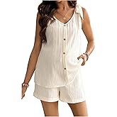 MakeMeChic Women's Maternity Clothes Bow V Neck Button Sleeveless Tank and Shorts Pregnancy Outfit Set